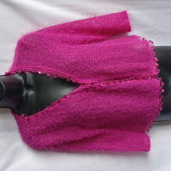 Robbie Bee Fuzzy Crop Cardigan, Pink, Sequins, 3/4 Sleeve, Crochet Trim - Picture 1 of 7